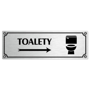 Toalety vpravo, 200x66mm, stříbrná popiska s imitacemi šroubků
