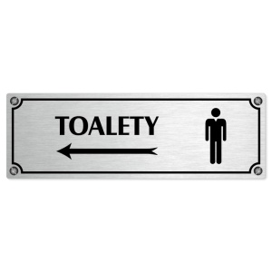 Toalety vlevo muži, 200x66mm, stříbrná popiska s imitacemi šroubků