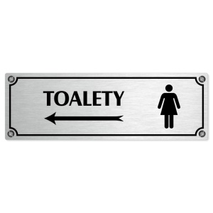 Toalety vlevo ženy, 200x66mm, stříbrná popiska s imitacemi šroubků