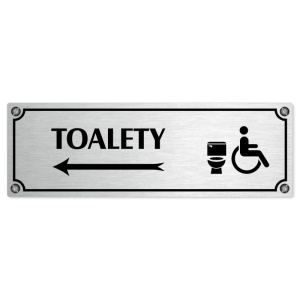 Toalety vlevo invalida, 200x66mm, stříbrná popiska s imitacemi šroubků