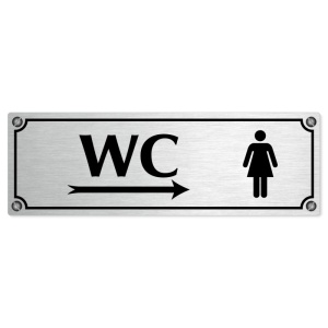 WC ženy vpravo, 200x66mm, stříbrná popiska s imitacemi šroubků