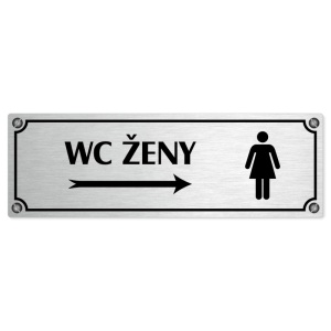 WC ženy vpravo, 200x66mm, stříbrná popiska s imitacemi šroubků