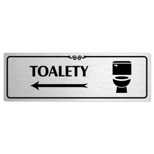 Toalety vlevo, 200x66mm, stříbrná popiska s ozdobou uprostřed