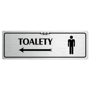 Toalety vlevo muži, 240x79mm, stříbrná popiska s ozdobou uprostřed