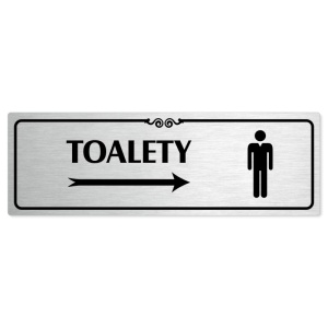 Toalety vpravo muži, 200x66mm, stříbrná popiska s ozdobou uprostřed