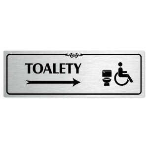 Toalety vpravo invalida, 200x66mm, stříbrná popiska s ozdobou uprostřed