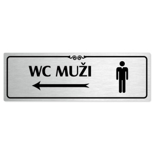 WC muži vlevo, 240x79mm, stříbrná popiska s ozdobou uprostřed
