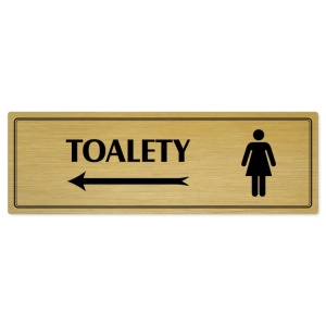 Toalety vlevo ženy, 200x66mm, zlatá popiska s dvojtým rámečkem