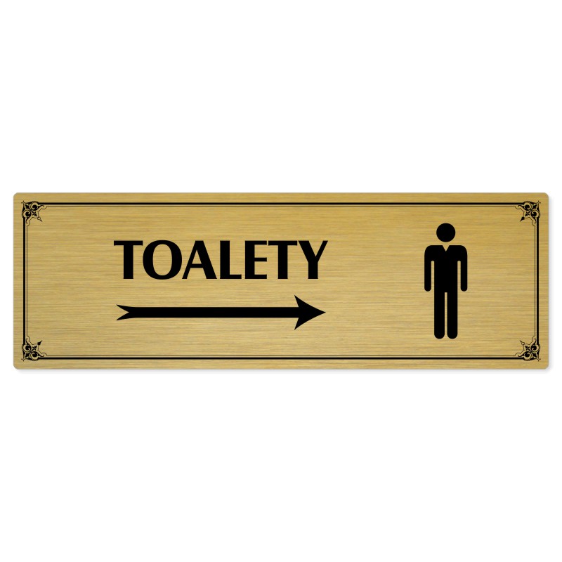 Toalety vpravo muži, 200x66mm, zlatá popiska s okrasným rámečkem