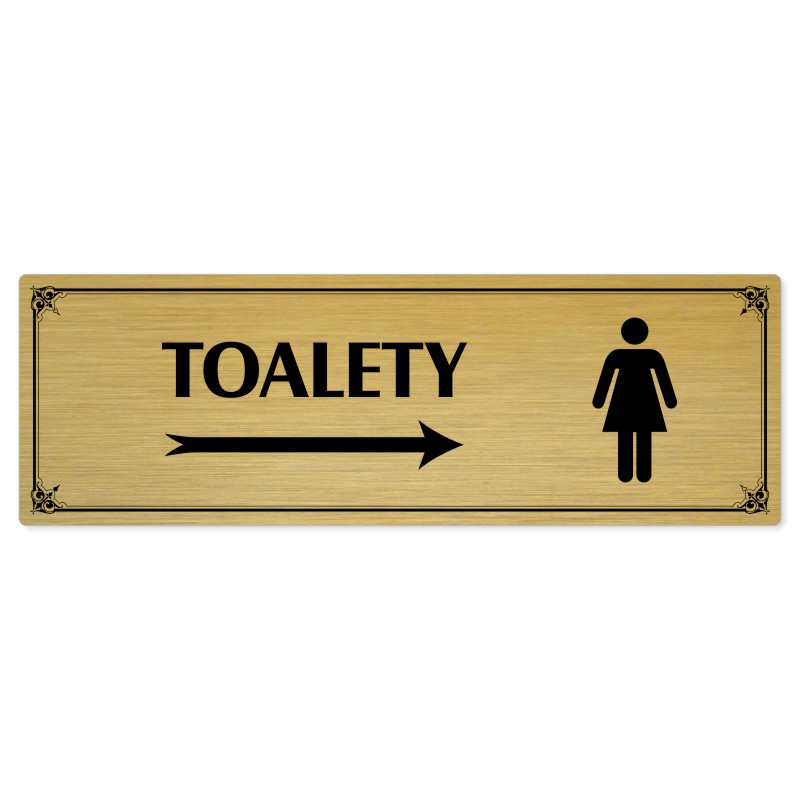 Toalety vpravo ženy, 200x66mm, zlatá popiska s okrasným rámečkem