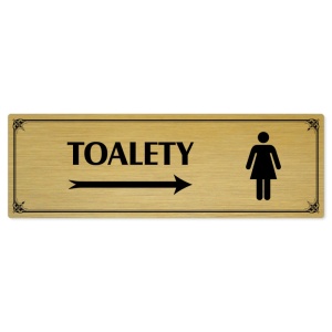 Toalety vpravo ženy, 240x79mm, zlatá popiska s okrasným rámečkem  