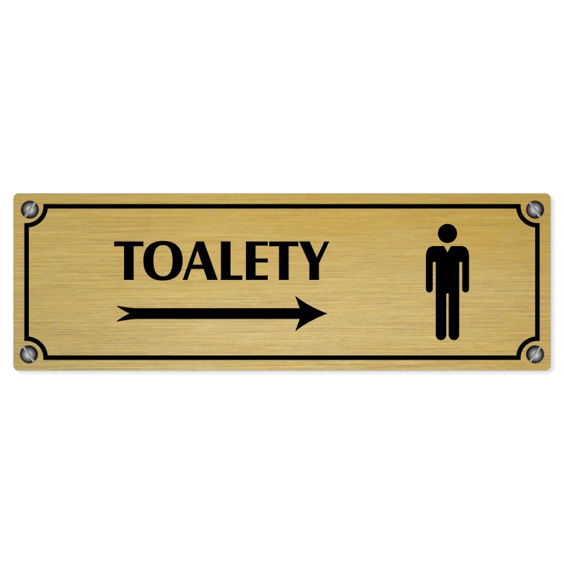 Toalety vpravo muži, 240x79mm, zlatá popiska s imitacemi šroubků